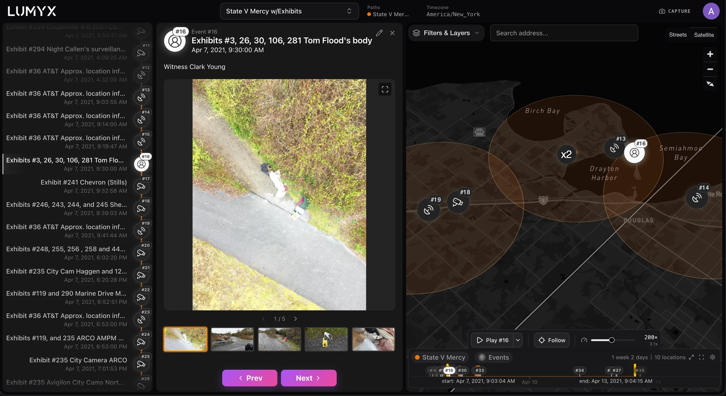 A single State V Mercy event opened in Lumyx — its exhibits, attached scene photographs, and witness note shown beside the map location and the case timeline.